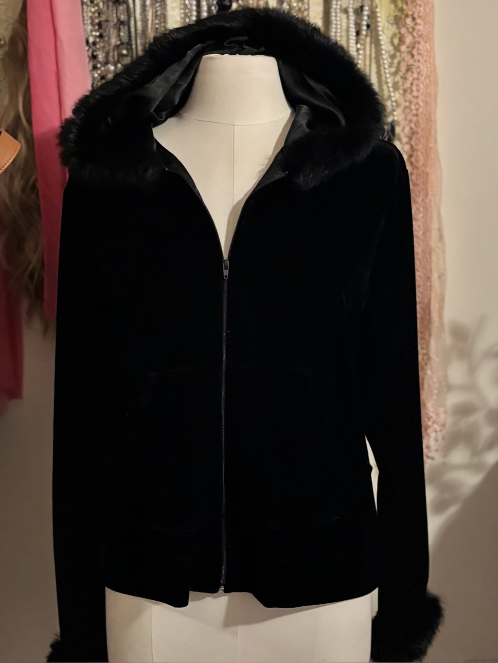 VTG Jasmine Rose Black Velour Faux Fur Trim Hooded Jacket Whimsigoth Y2K XL
